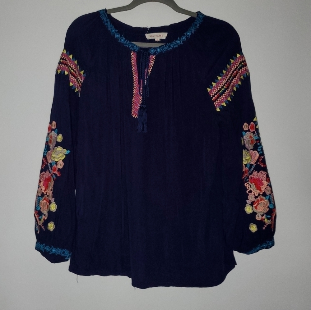 Navy Blue Floral Embroidery Bohemian Blouse- Womens- Solitare- Size Medium